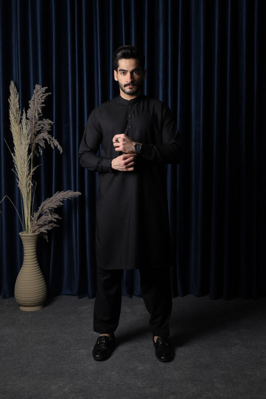 Black Blended Kameez Shalwar - Men