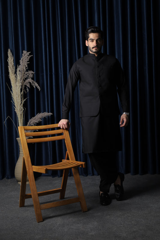 Black With Blended Waistcoat - Round Cut & Matching Fabric Buttons - Men