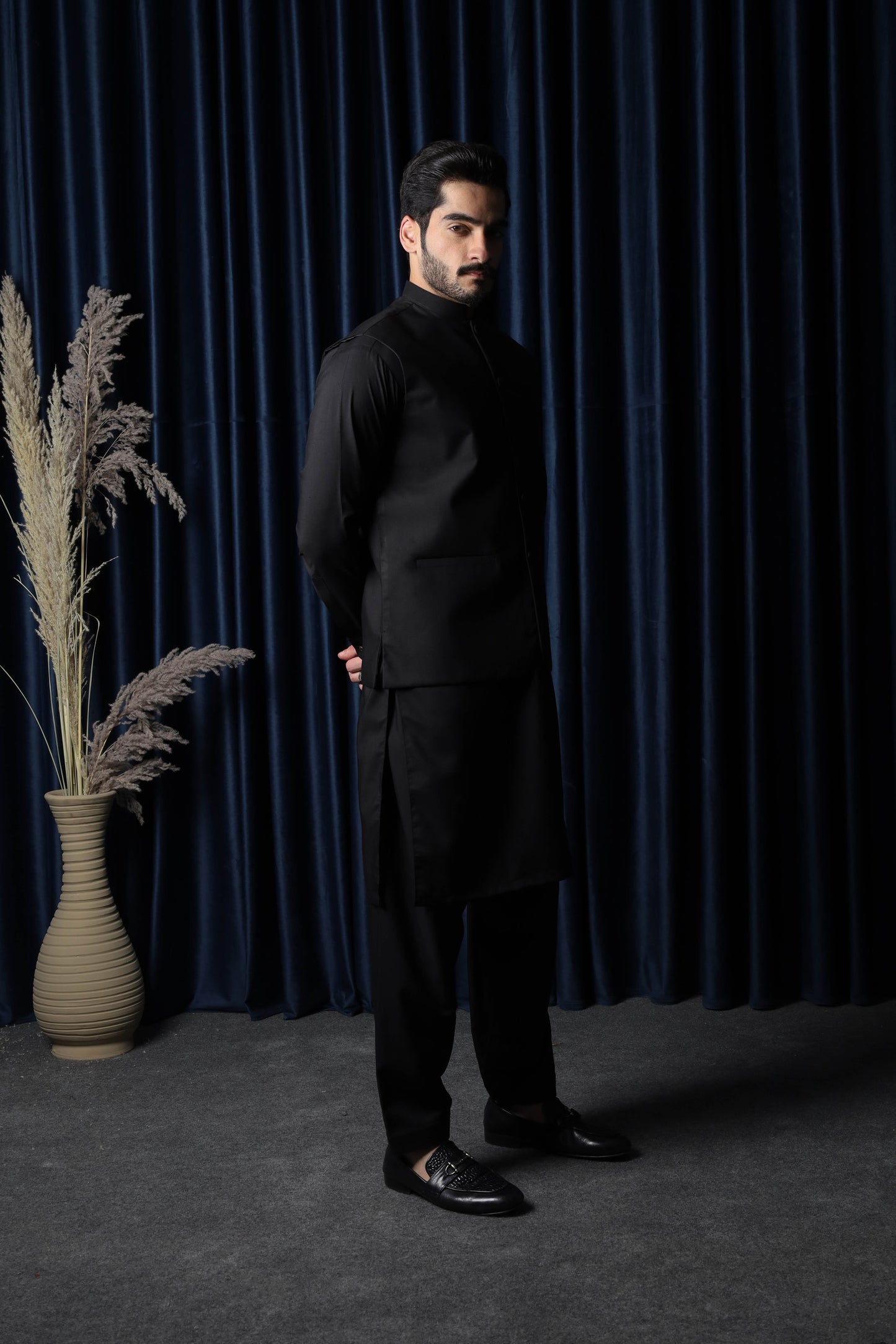 Black With Blended Waistcoat - Round Cut & Matching Fabric Buttons - Men