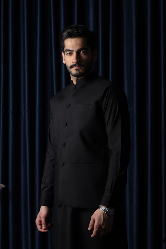 Black Blended Waistcoat - Round Cut & Matching Fabric Buttons - Men