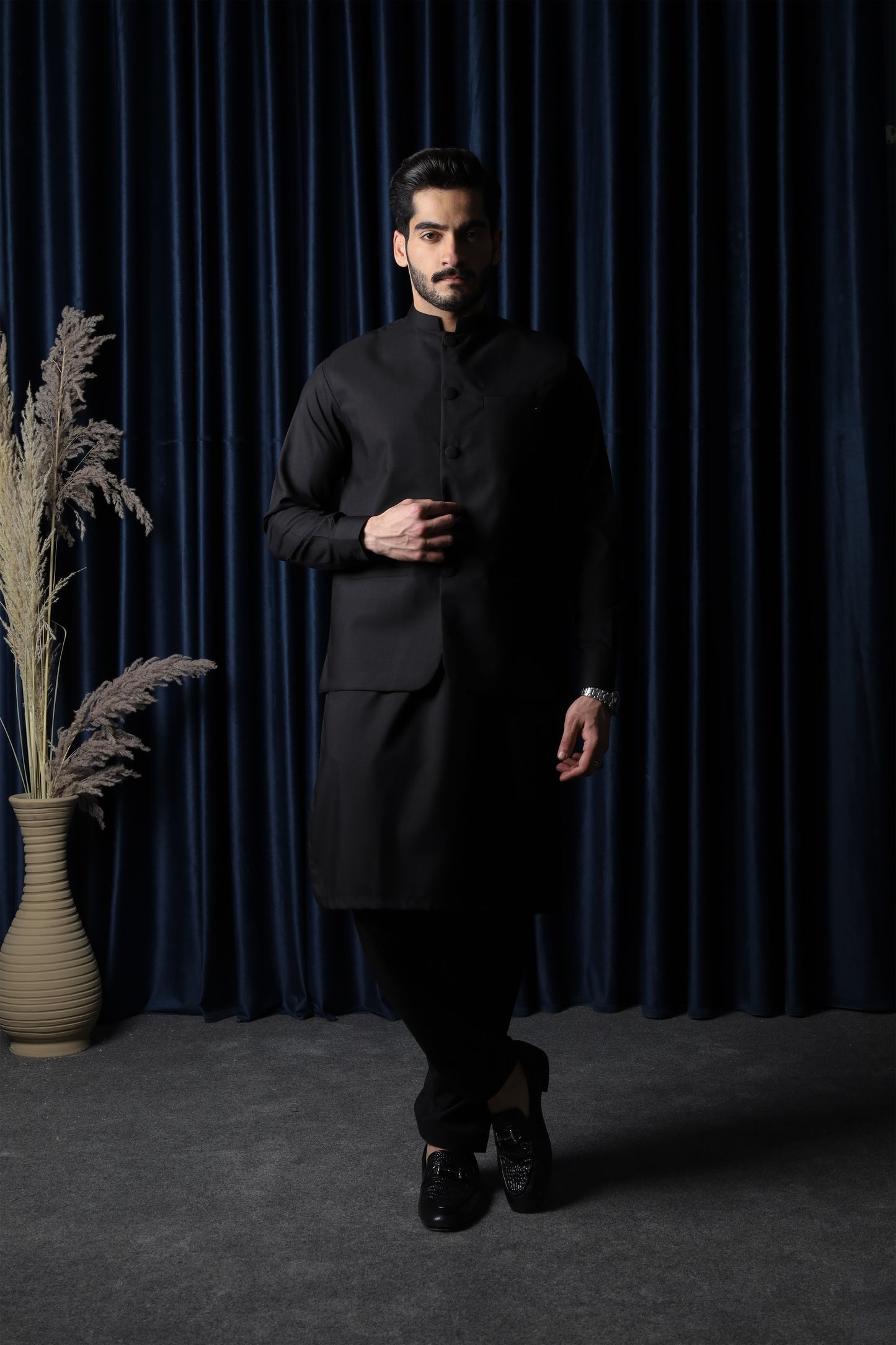 Black Blended Waistcoat - Round Cut & Matching Fabric Buttons - Men