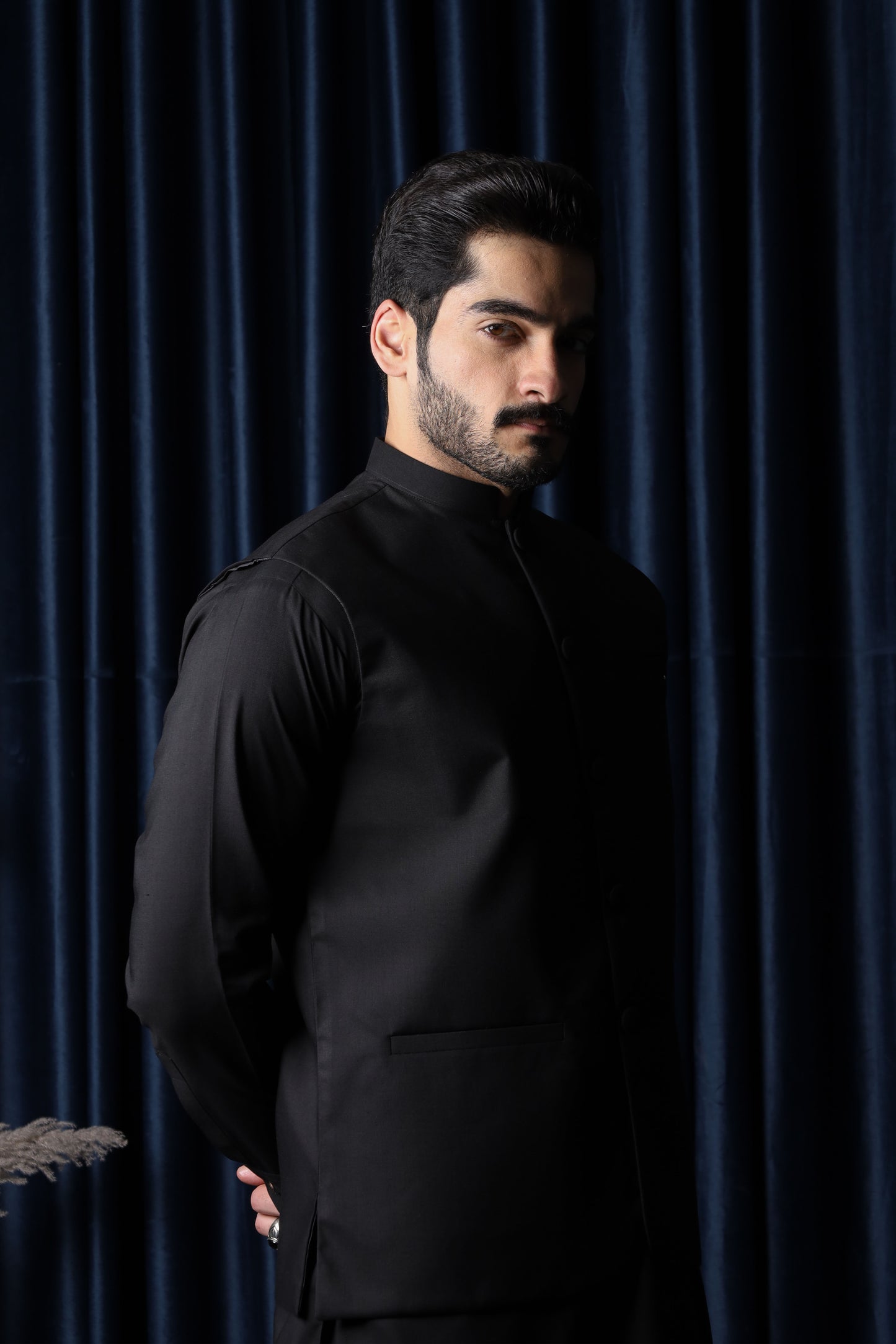 Black With Blended Waistcoat - Round Cut & Matching Fabric Buttons - Men