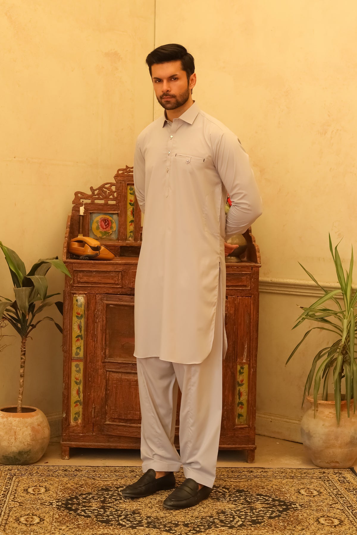 Silver Gray Designer Kameez Shalwar - Men