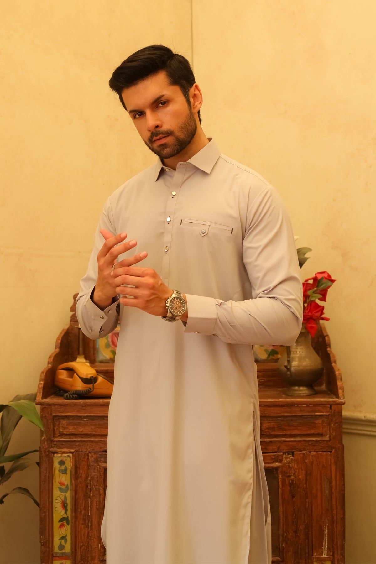 Silver Gray Designer Kameez Shalwar - Men