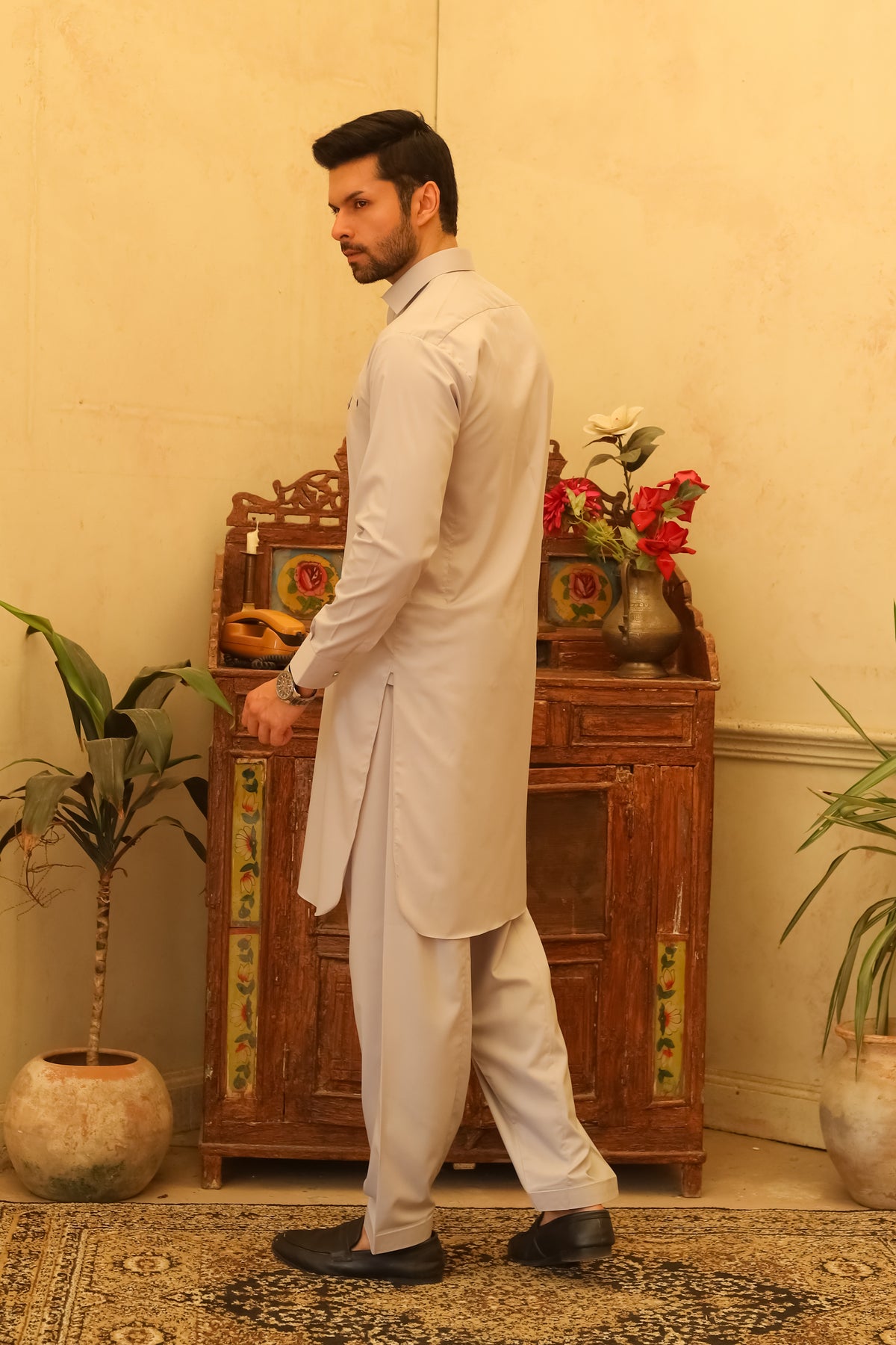 Silver Gray Designer Kameez Shalwar - Men