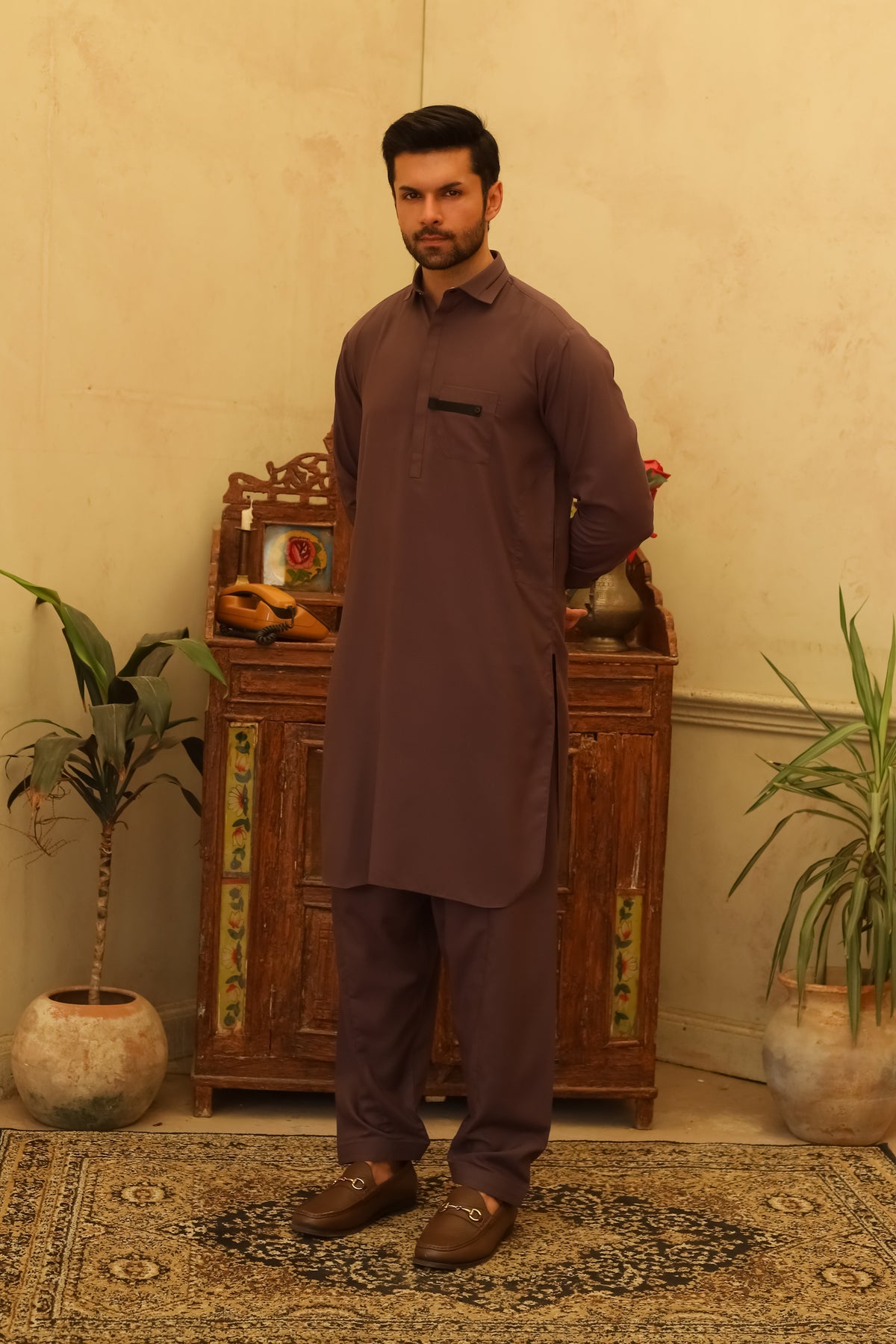 Dark Purple Designer Kameez Shalwar - Men