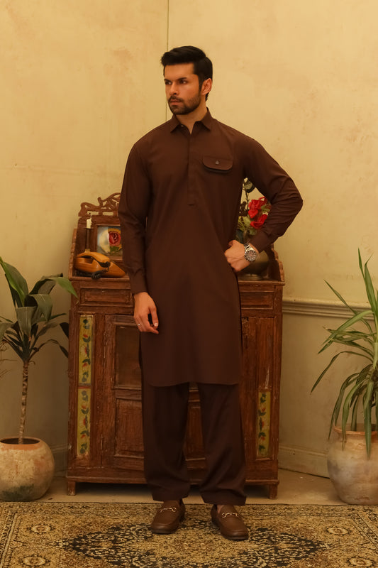 Dark Brown Designer Kameez Shalwar - Men