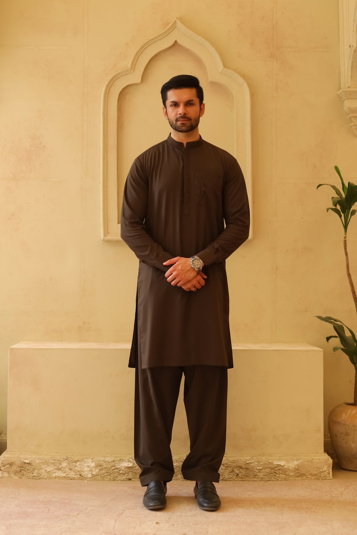 Dark Olive Green Designer Kameez Shalwar - Men