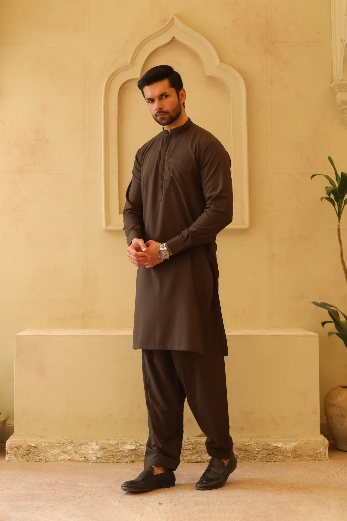Dark Olive Green Designer Kameez Shalwar - Men