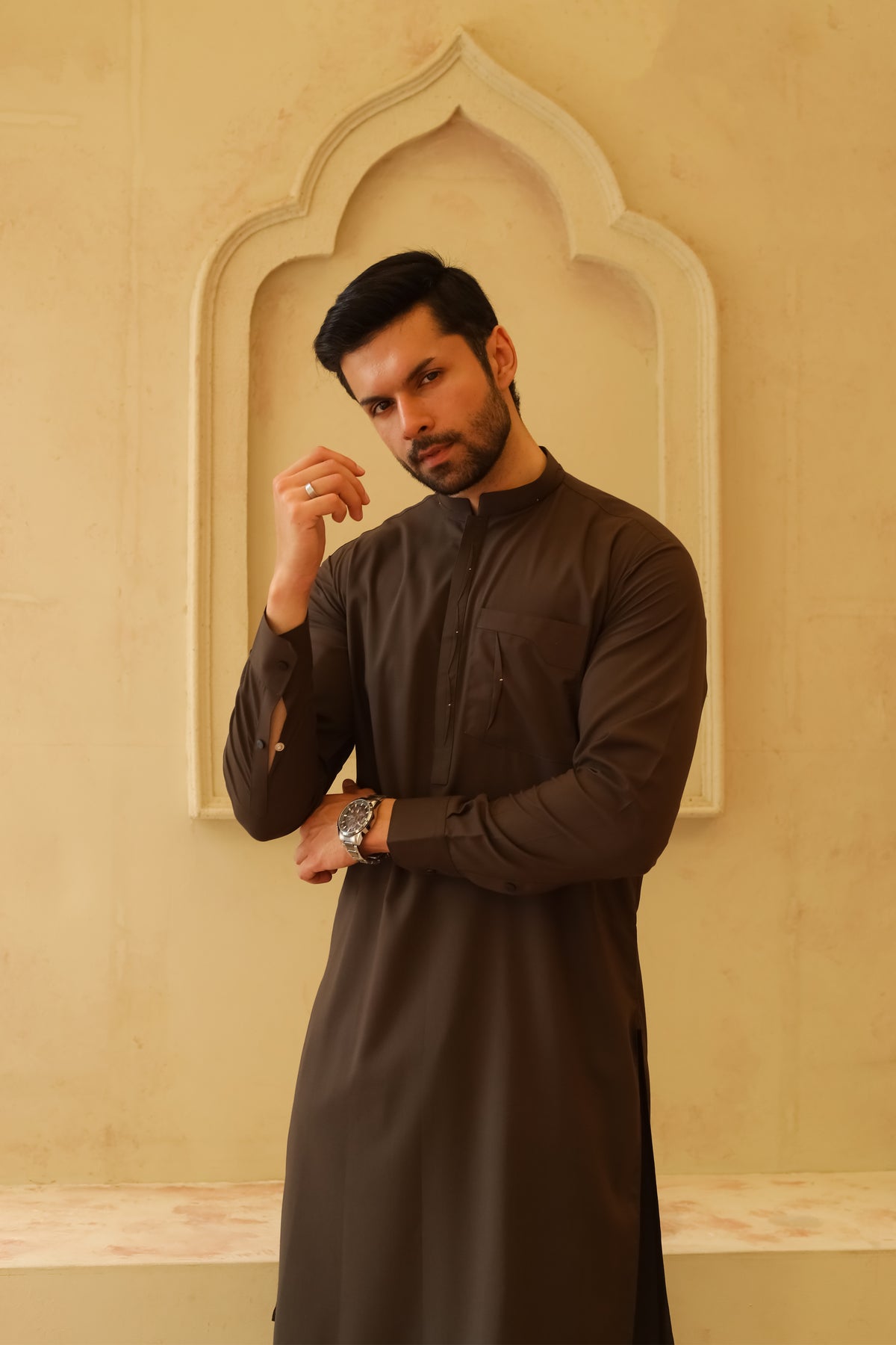Dark Olive Green Designer Kameez Shalwar - Men