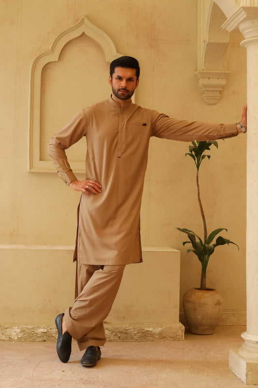 Camel Brown Designer Kameez Shalwar - Men