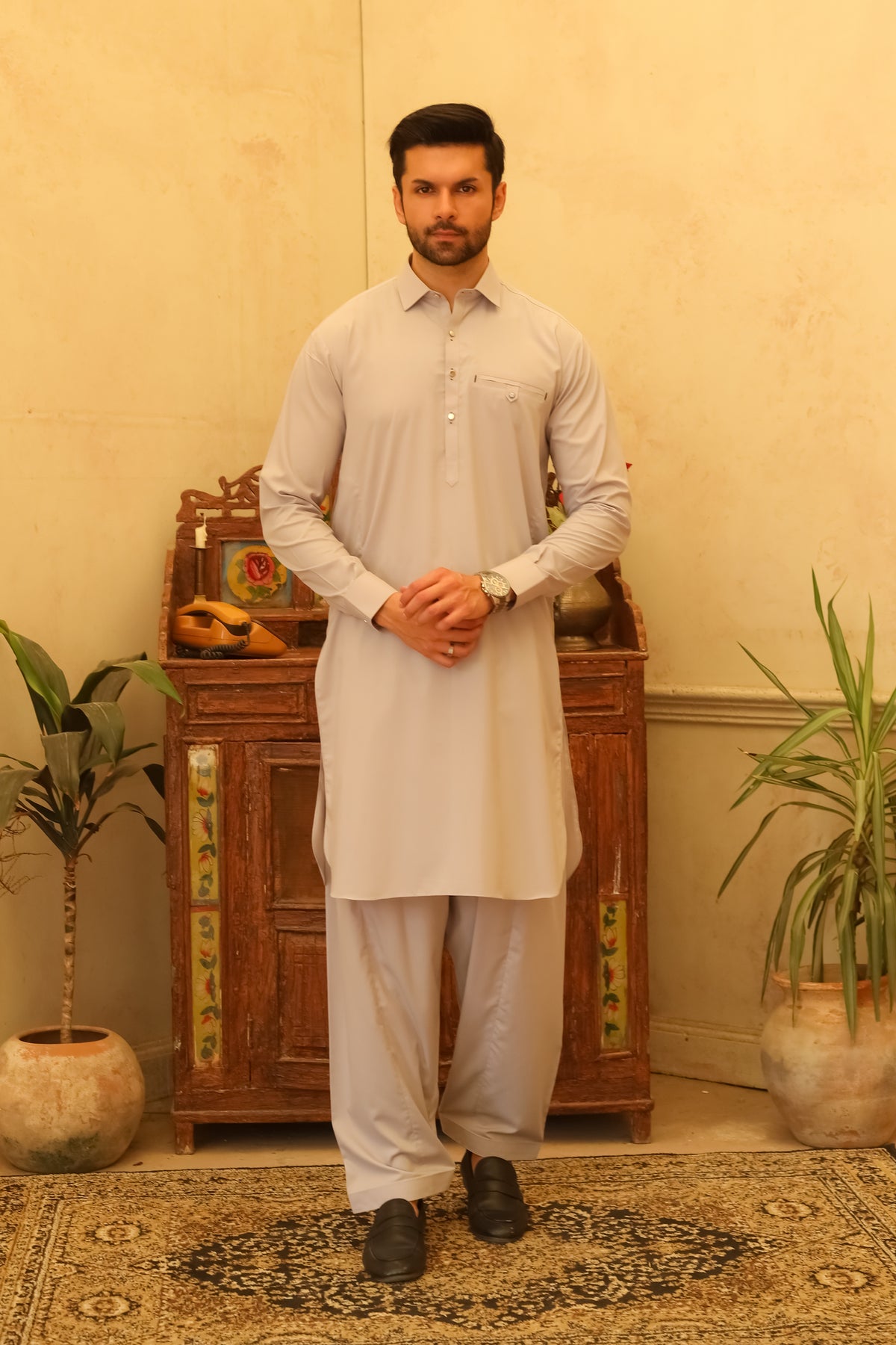 Silver Gray Designer Kameez Shalwar - Men