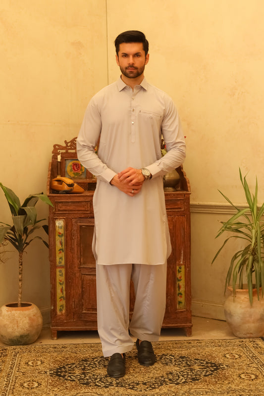 Silver Gray Designer Kameez Shalwar - Men