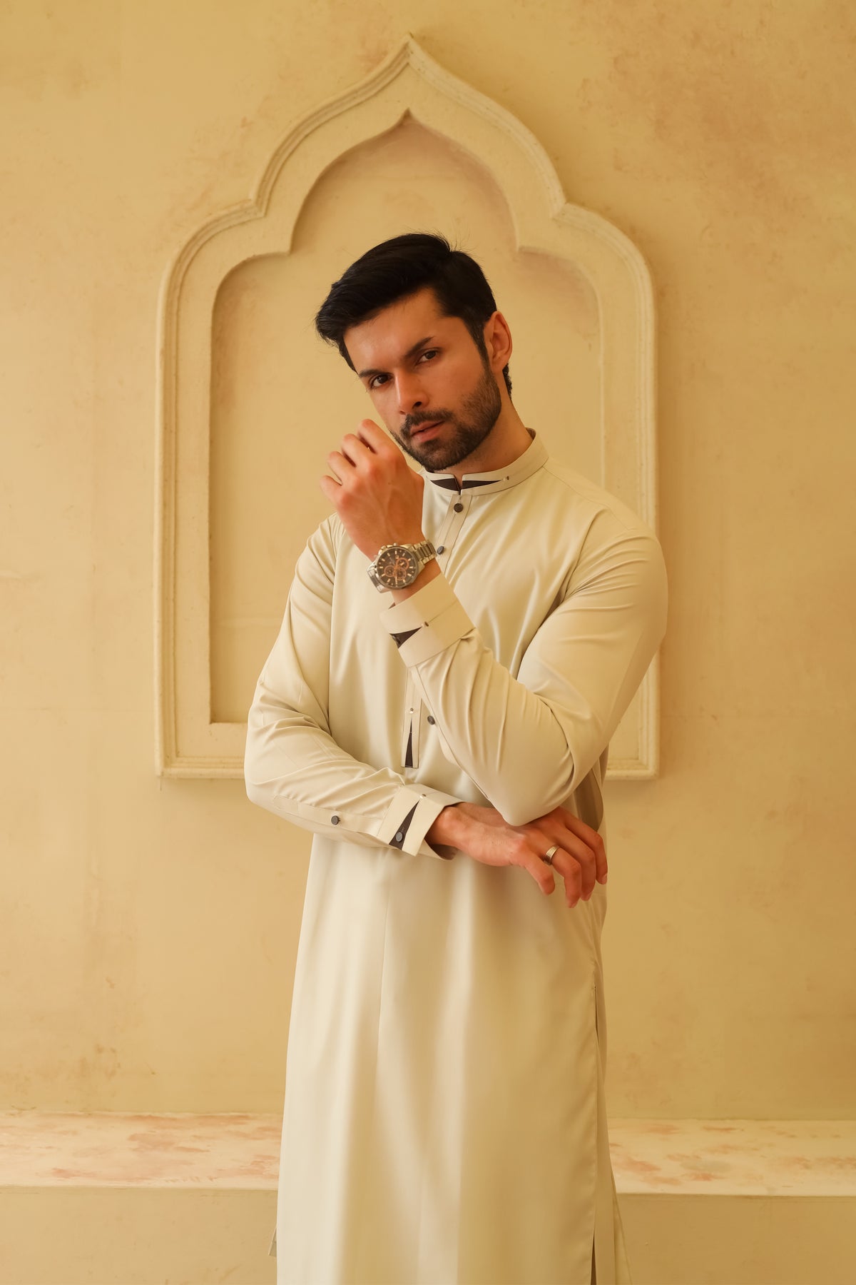 Grape Pista Cream Designer Kameez Shalwar - Men