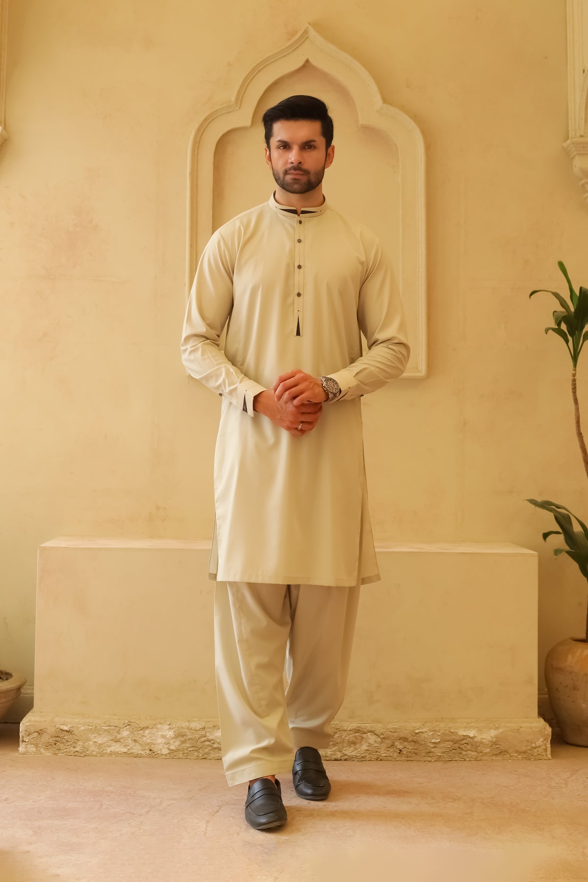 Grape Pista Cream Designer Kameez Shalwar - Men