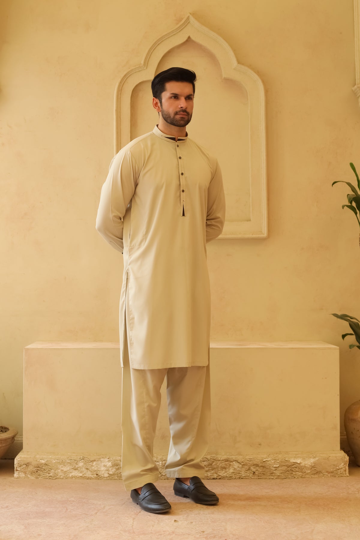 Grape Pista Cream Designer Kameez Shalwar - Men