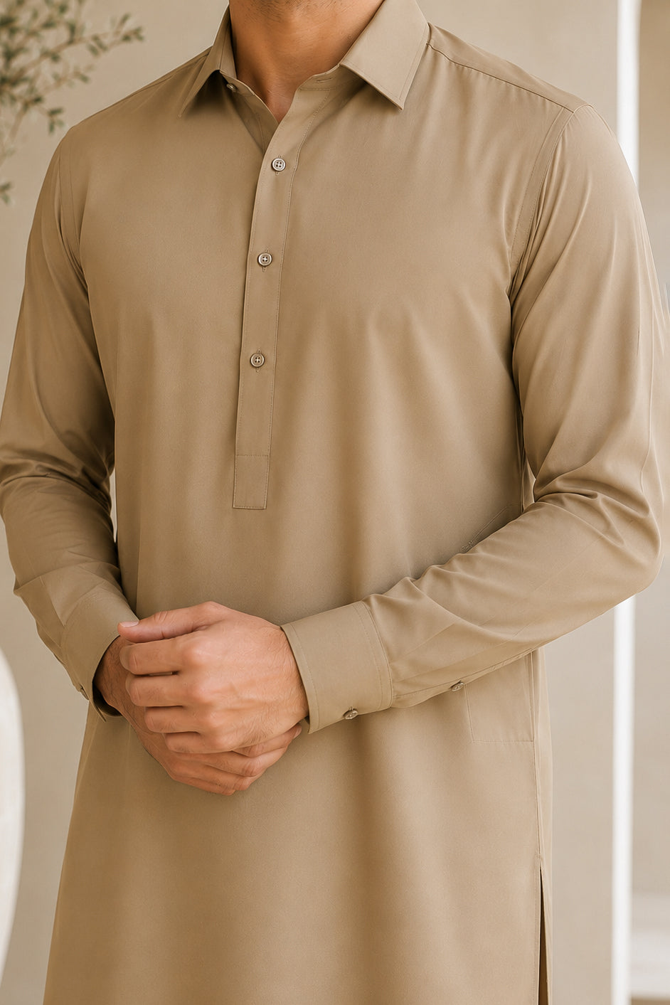 Khaki French Collar Shalwar Kameez - Stitched