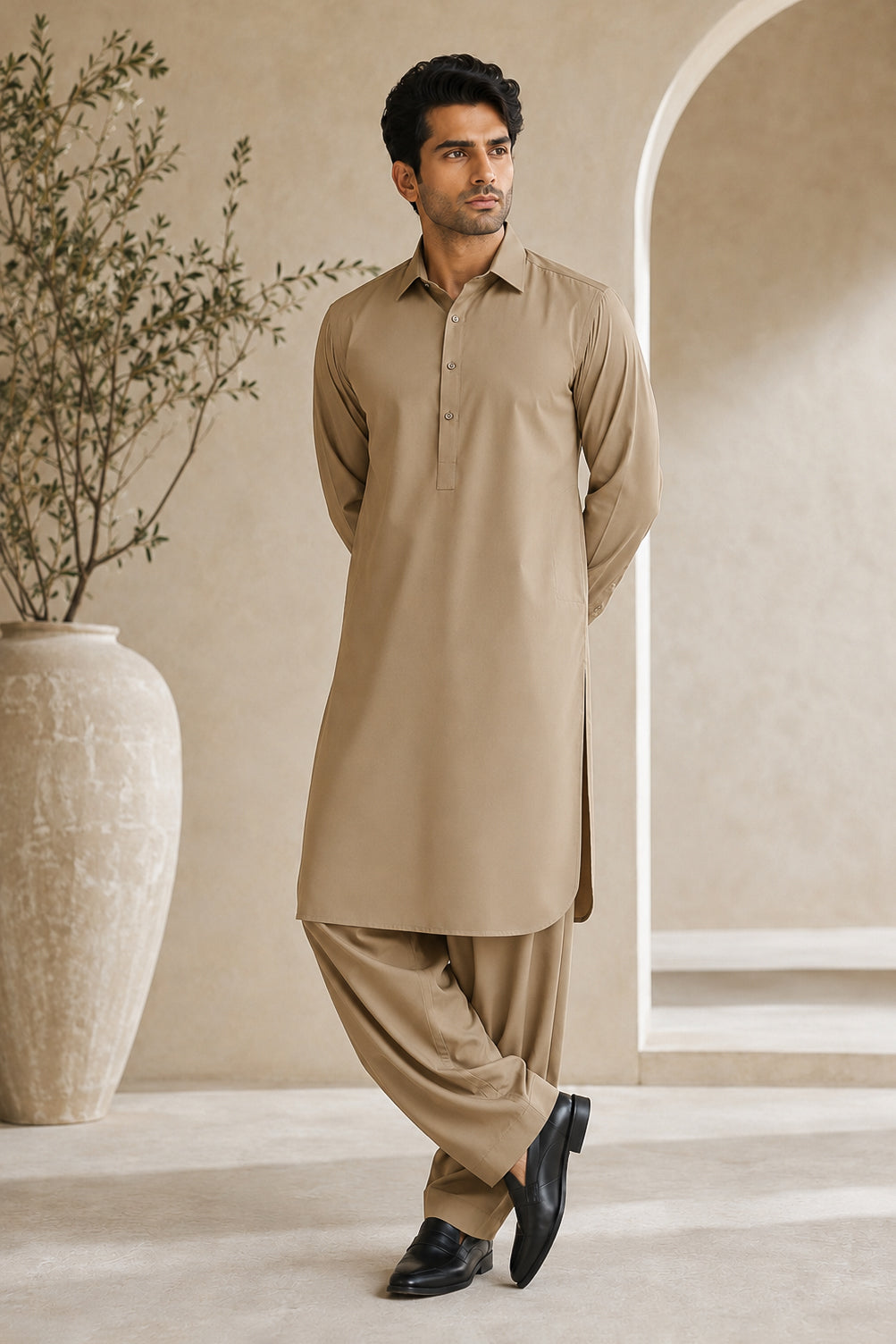 Khaki French Collar Shalwar Kameez - Stitched