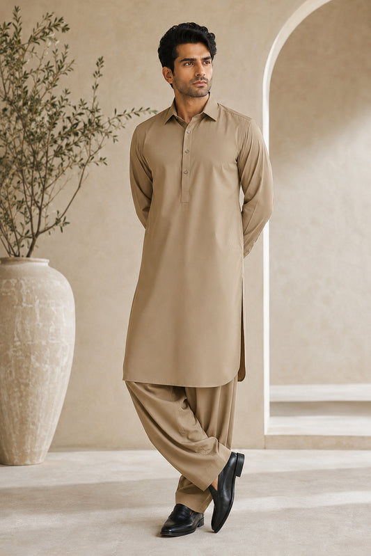 Khaki French Collar Shalwar Kameez - Stitched