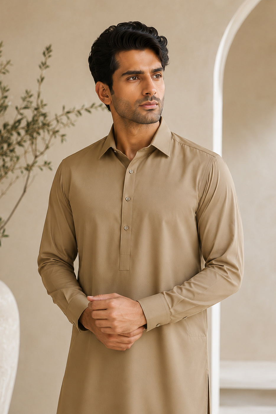 Khaki French Collar Shalwar Kameez - Stitched