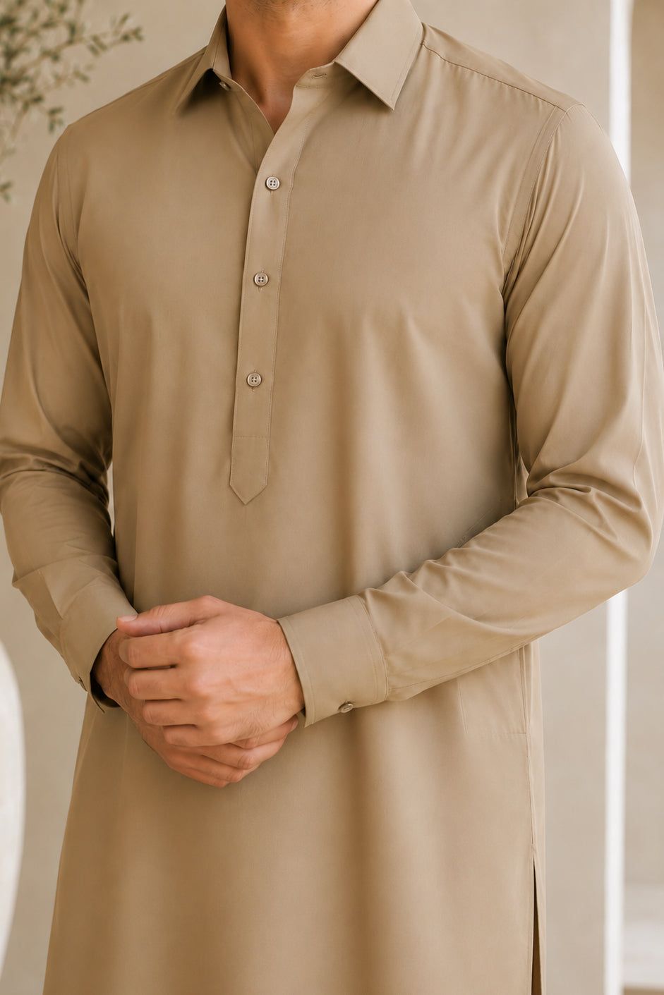 Khaki French Collar Shalwar Kameez - Stitched