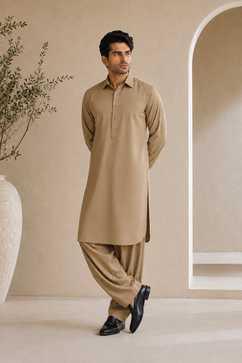 Khaki French Collar Shalwar Kameez - Stitched