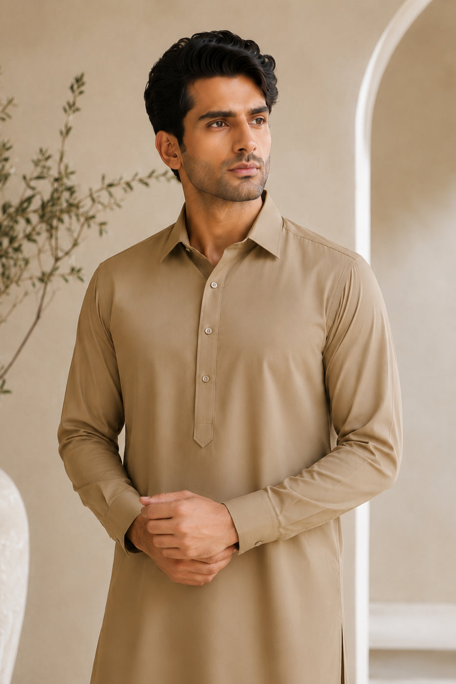 Khaki French Collar Shalwar Kameez - Stitched