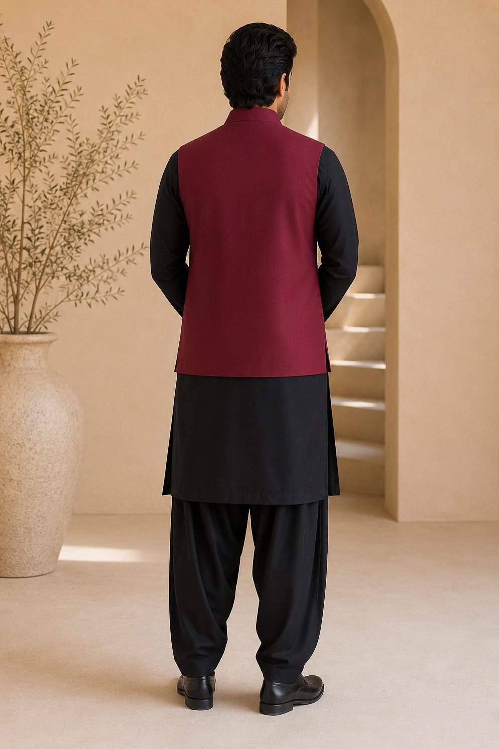 Black Kurta Shalwar with Maroon Suiting Waistcoat - Straight Cut - Men