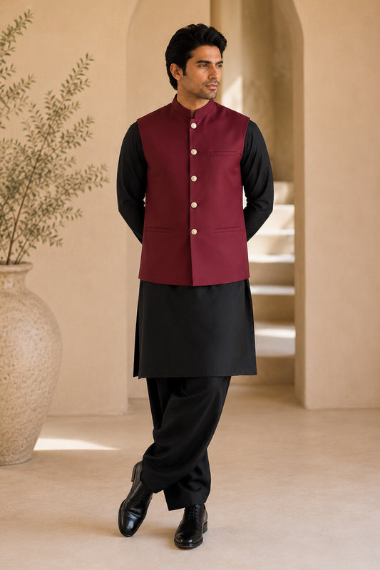 Black Kurta Shalwar with Maroon Suiting Waistcoat - Straight Cut - Men