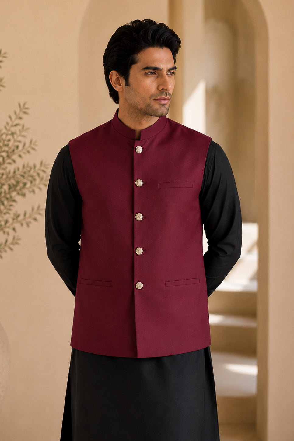 Black Kurta Shalwar with Maroon Suiting Waistcoat - Straight Cut - Men