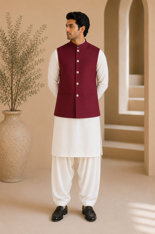 Off White Kurta Shalwar with Maroon Suiting Waistcoat - Straight Cut - Men