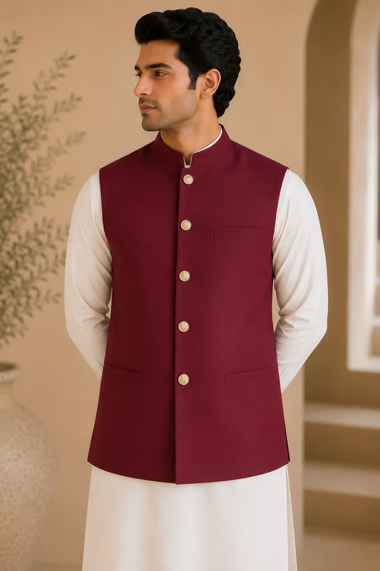 Maroon Suiting Waistcoat - Straight Cut Buttoned - Men