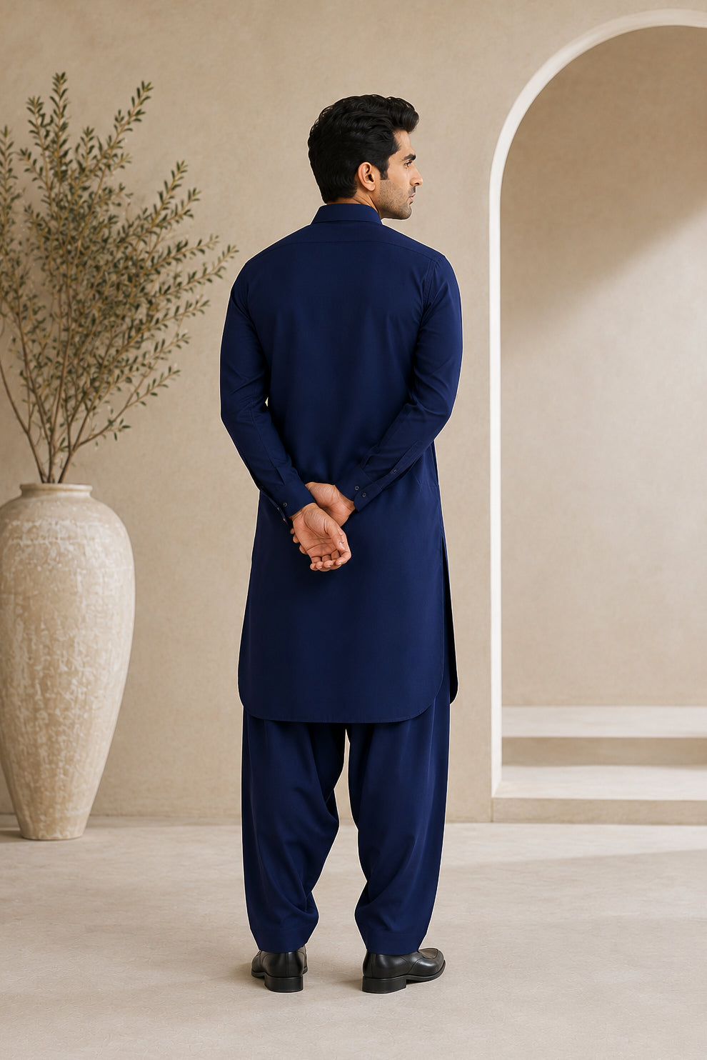 Navy Blue French Collar Shalwar Kameez - Stitched