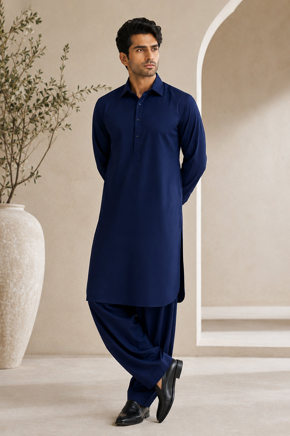 Navy Blue French Collar Shalwar Kameez - Stitched