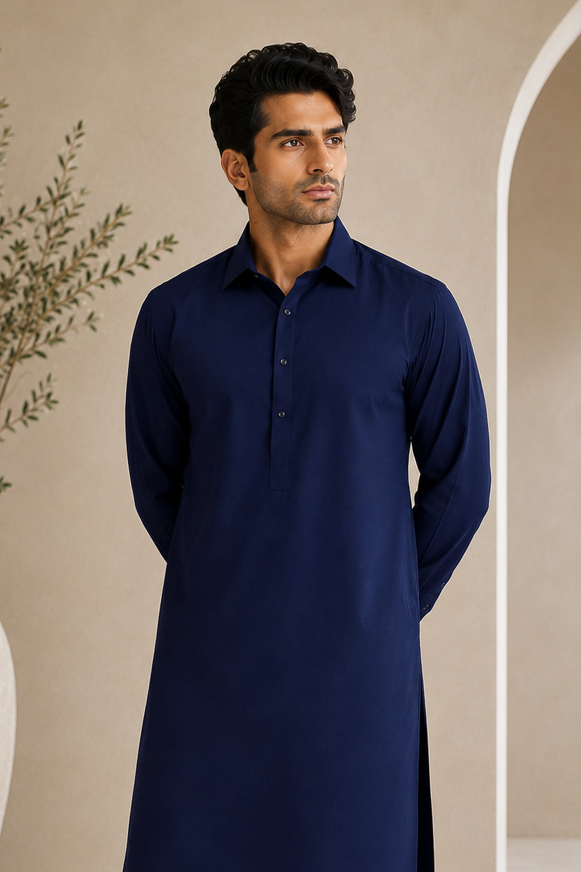 Navy Blue French Collar Shalwar Kameez - Stitched
