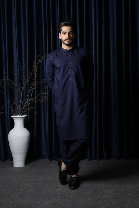 Navy Blue Kameez Shalwar - Collar Neck Embroidered Edition - Men