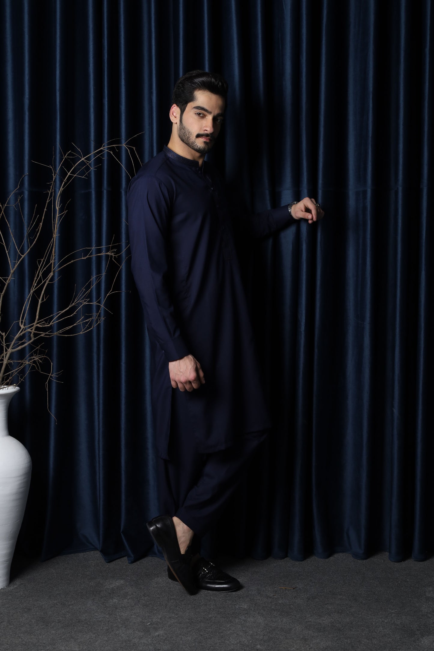 Navy Blue Kameez Shalwar - Collar Neck Embroidered Edition - Men