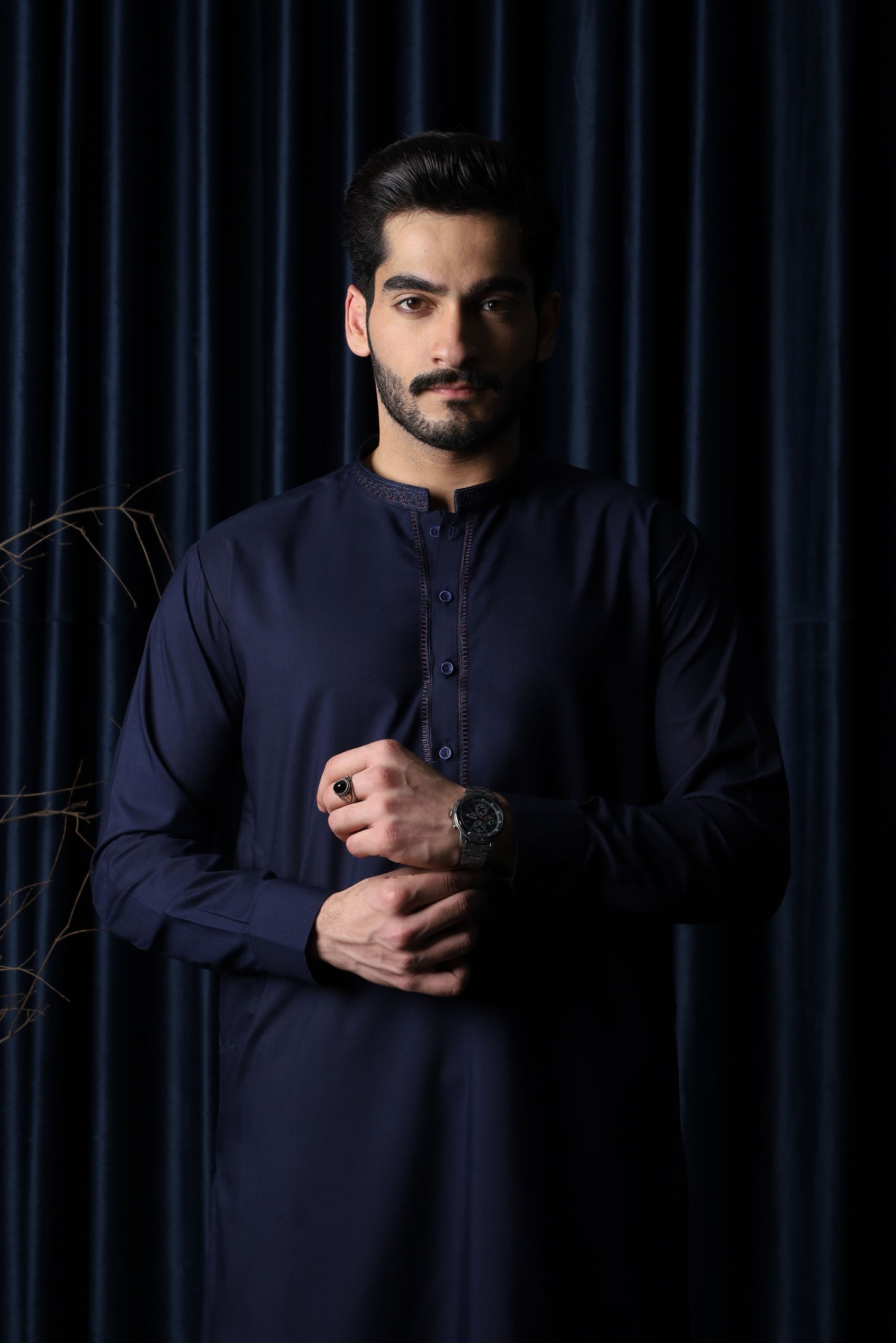 Navy Blue Kameez Shalwar - Collar Neck Embroidered Edition - Men