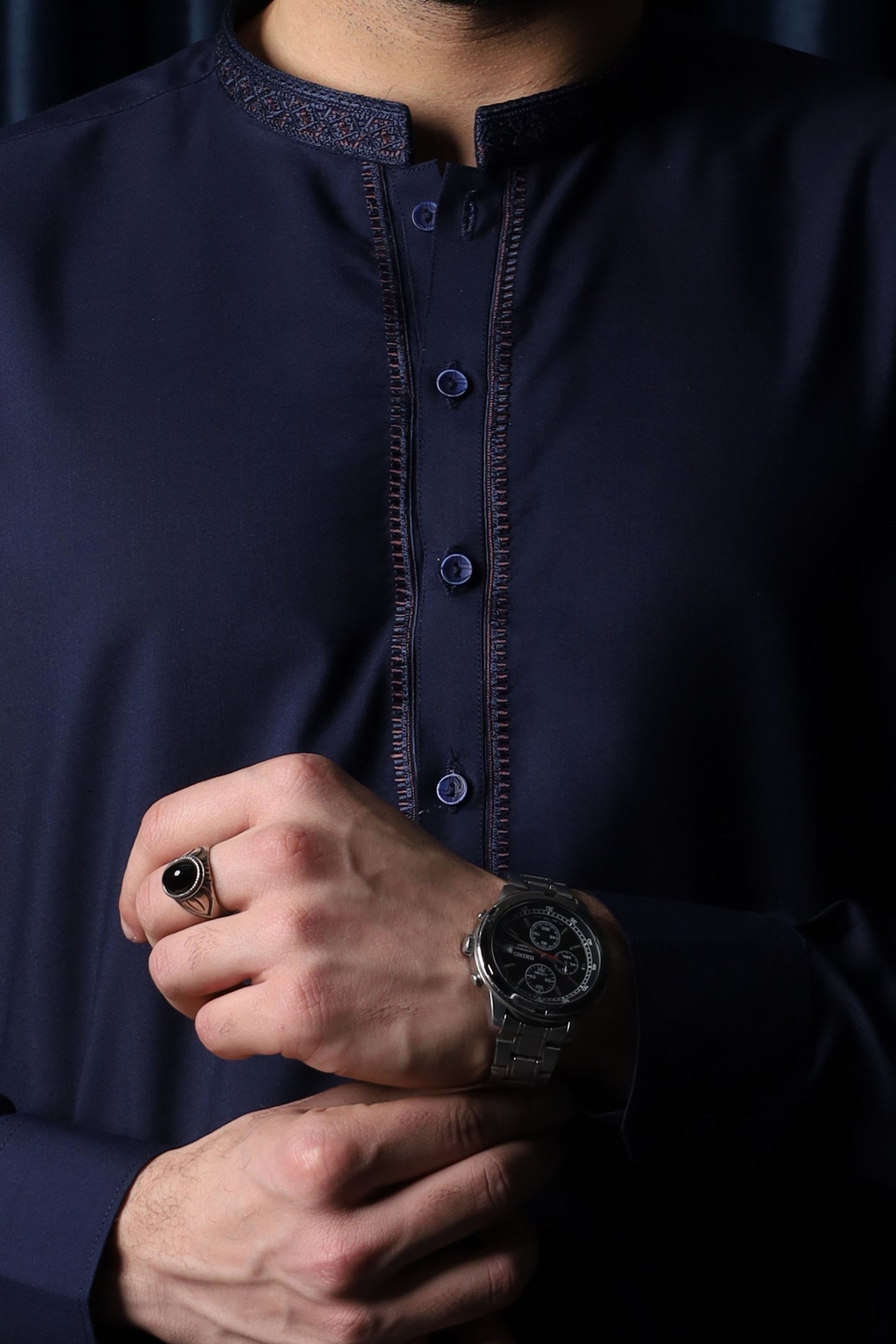 Navy Blue Kameez Shalwar - Collar Neck Embroidered Edition - Men