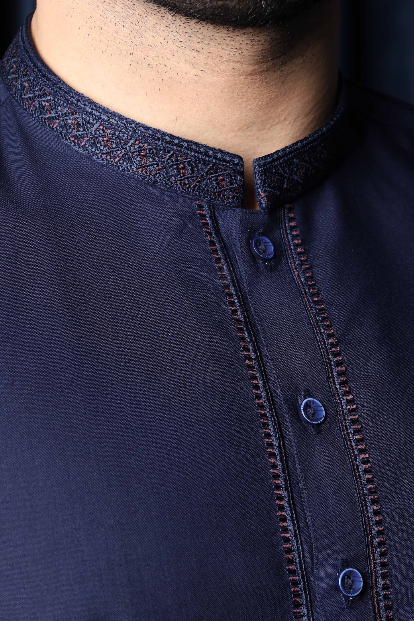Navy Blue Kameez Shalwar - Collar Neck Embroidered Edition - Men