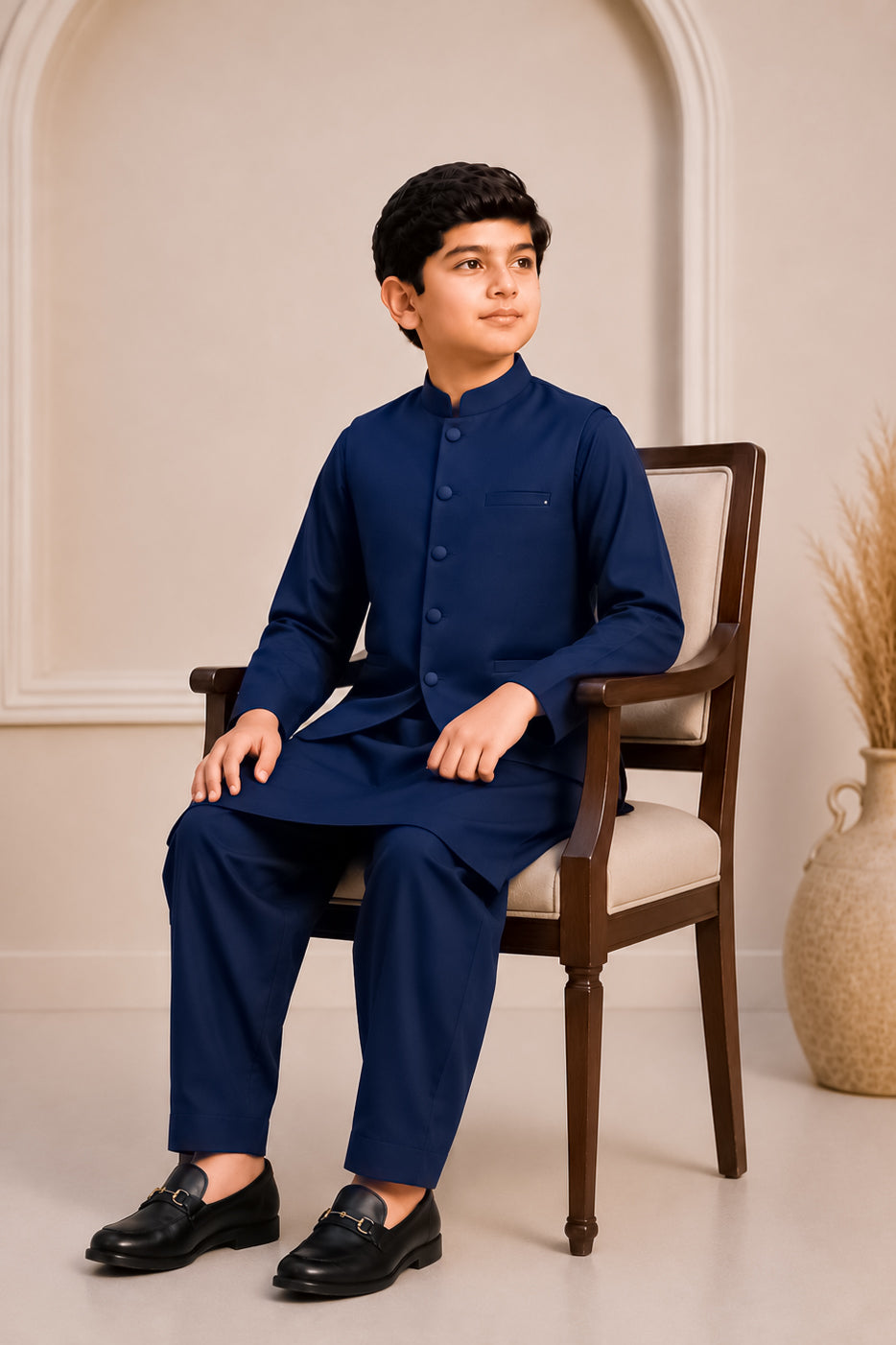 Navy Blue Kurta Trouser with Blended Waistcoat - Round Cut & Matching Fabric Buttons - Kids