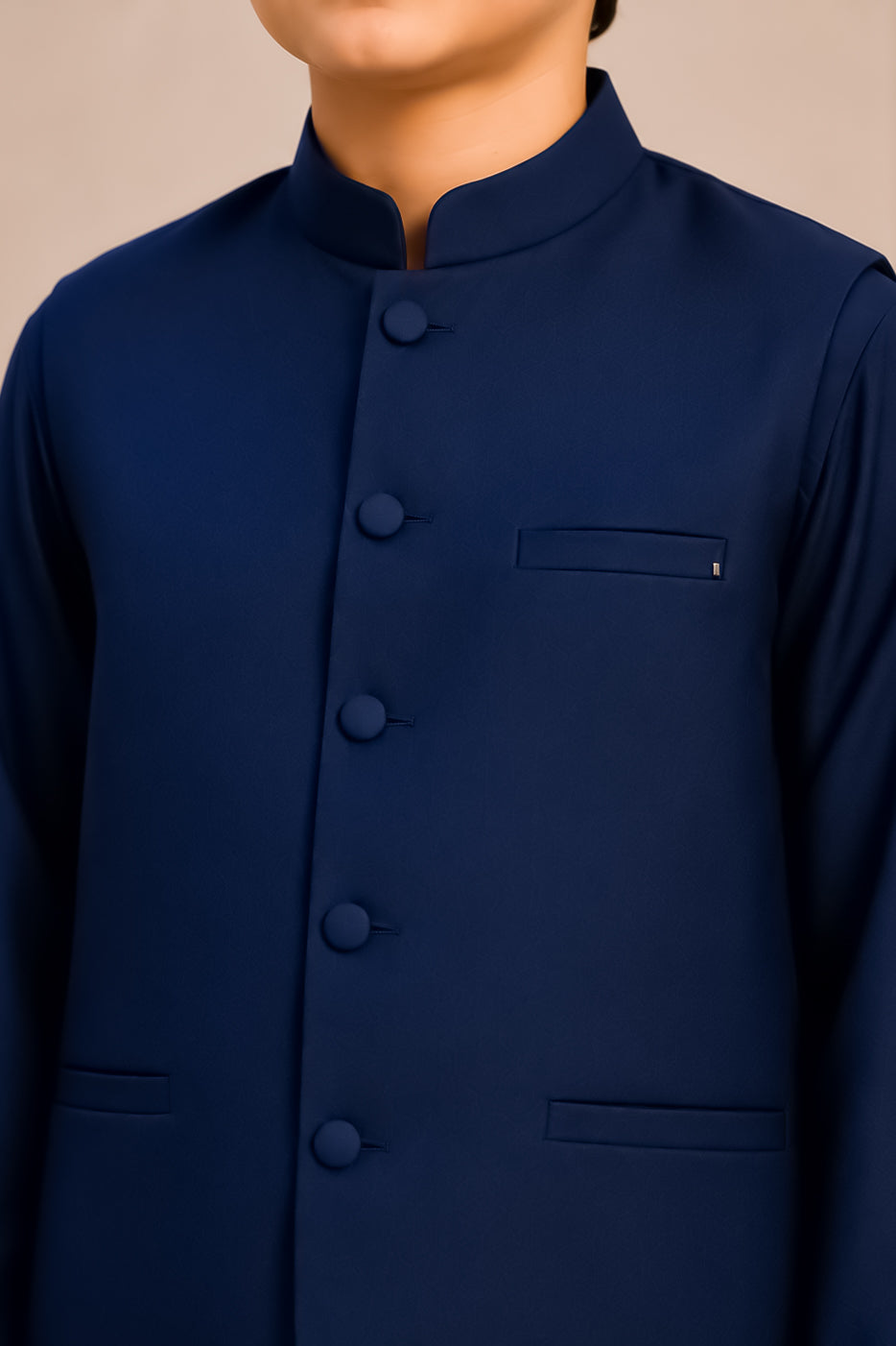 Navy Blue Kurta Trouser with Blended Waistcoat - Round Cut & Matching Fabric Buttons - Kids