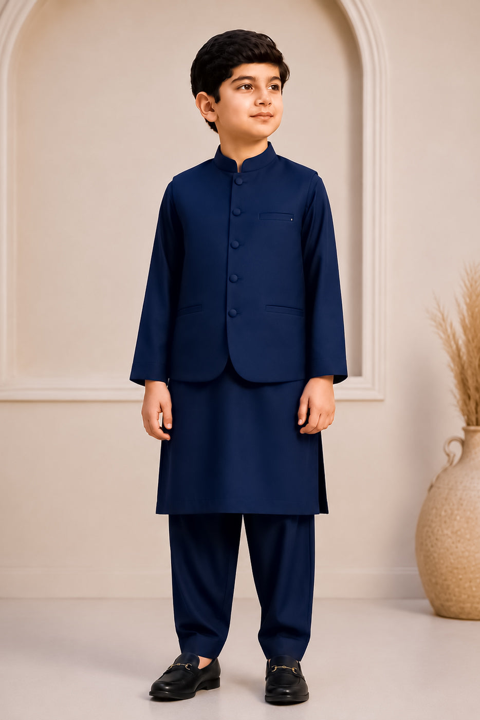 Navy Blue Kurta Trouser with Blended Waistcoat - Round Cut & Matching Fabric Buttons - Kids