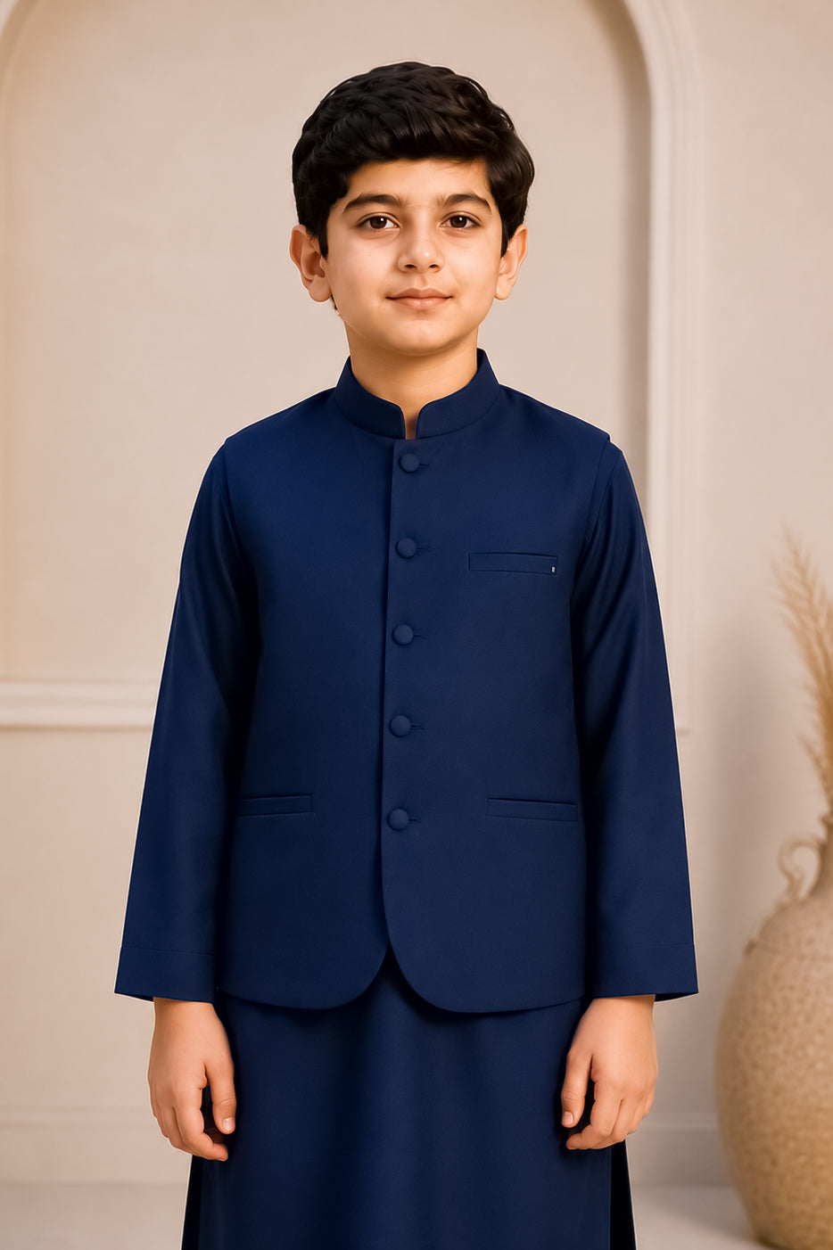 Navy Blue Kurta Trouser with Blended Waistcoat - Round Cut & Matching Fabric Buttons - Kids