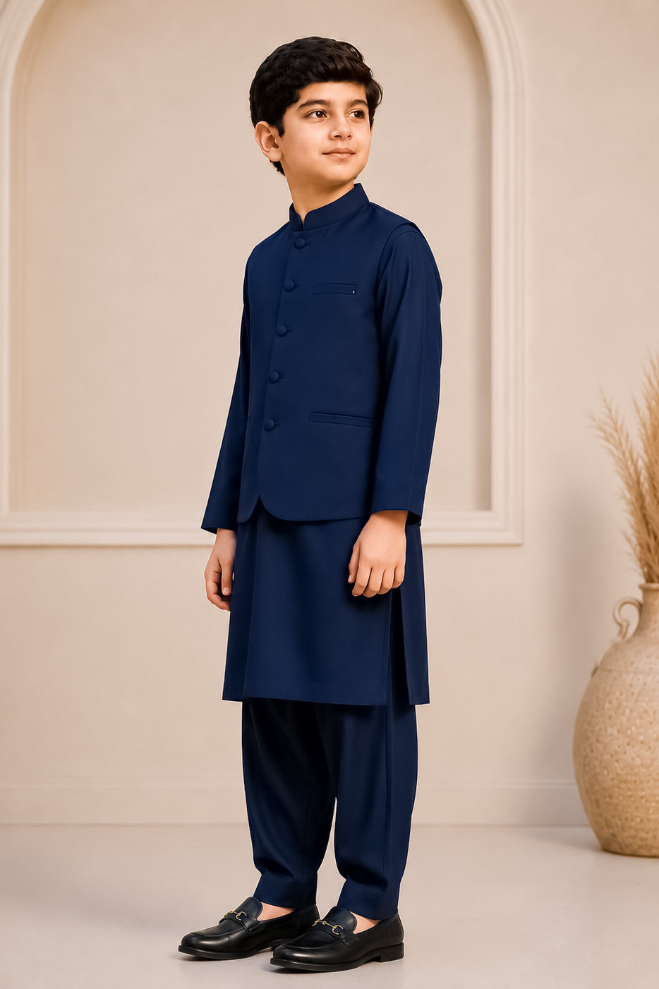 Navy Blue Kurta Trouser with Blended Waistcoat - Round Cut & Matching Fabric Buttons - Kids