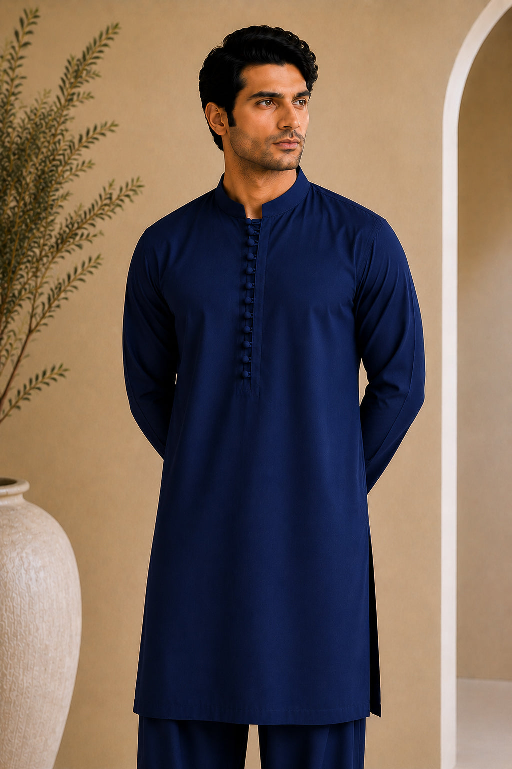 Navy Blue Luppi Cotton Shalwar Kameez - Stitched