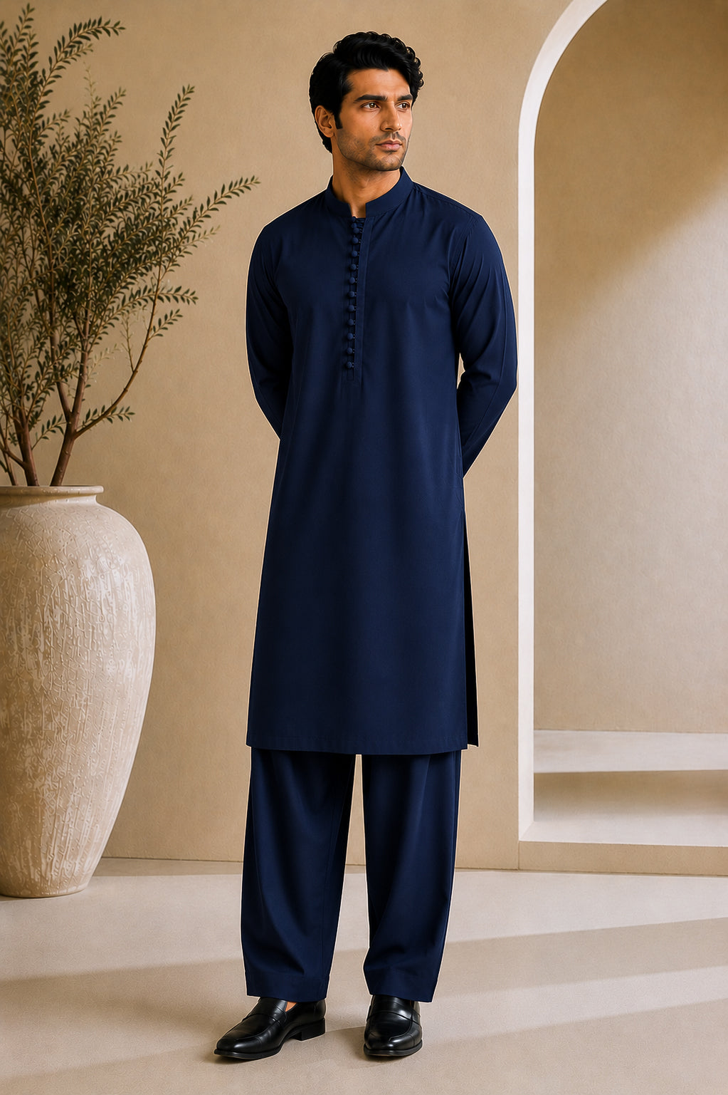 Navy Blue Luppi Cotton Shalwar Kameez - Stitched