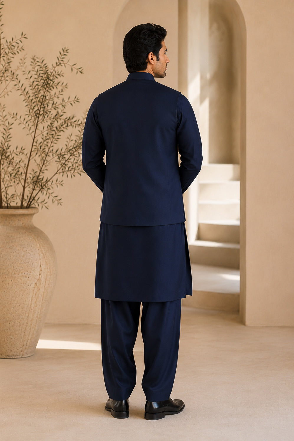 Navy Blue Kurta Shalwar with Suiting Waistcoat - Straight Cut - Men