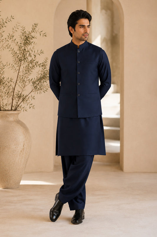 Navy Blue Kurta Shalwar with Suiting Waistcoat - Straight Cut - Men