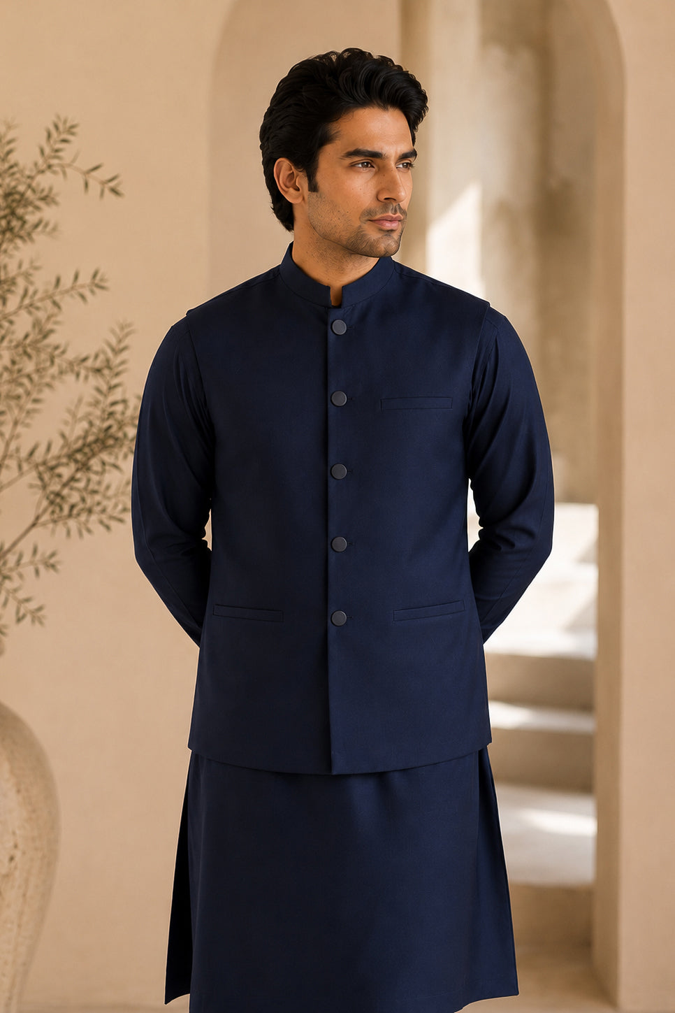 Navy Blue Kurta Shalwar with Suiting Waistcoat - Straight Cut - Men